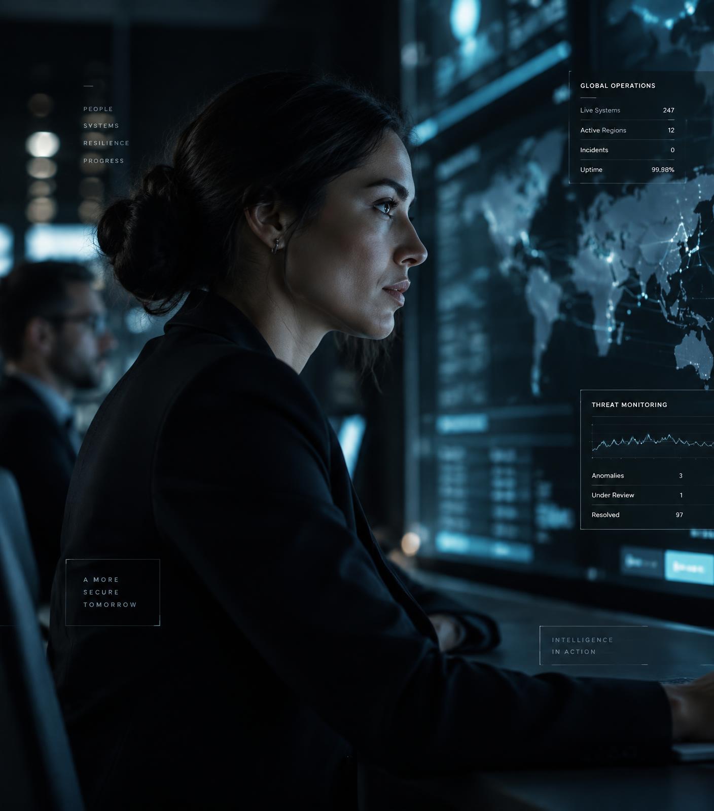 Especialista trabajando junto a capacidad digital en un centro de operaciones